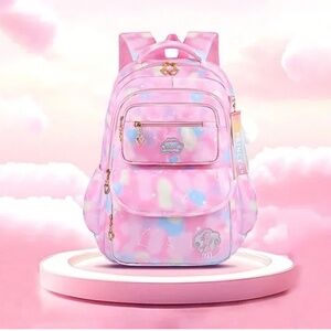 Back to School Whimsical Pink Cloud Backpack with Padded Straps and Lunch Bag